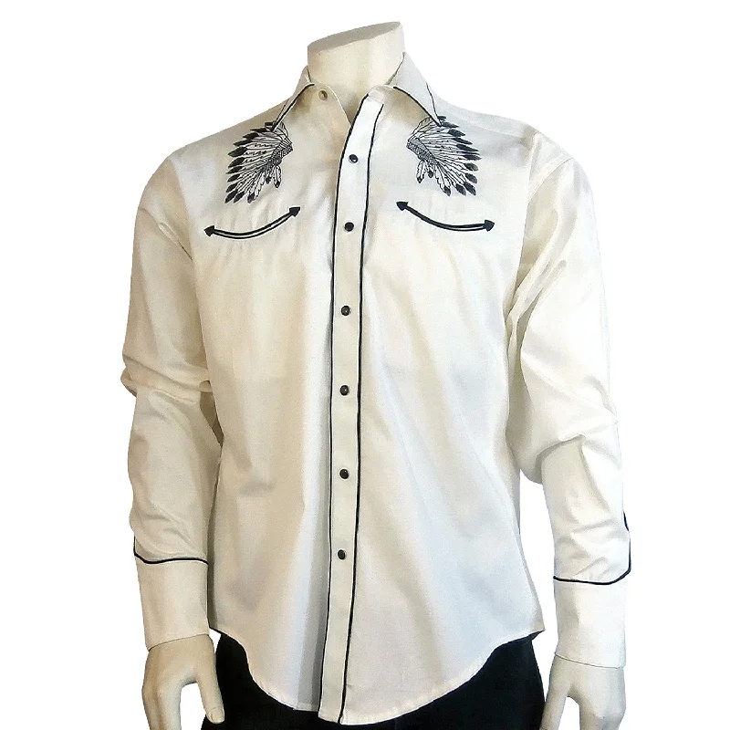 Men's Embroidered Detail Casual Shirts in Beige for a Touch of EleganceRockmount Mens Warbonnet Embroidery Ivory 100% Cotton L/S Shirt Men's Embroidered Detail Casual Shirts in Beige for a Touch of EleganceRockmount Mens Warbonnet Embroidery Ivory 100% Cotton L/S Shirt