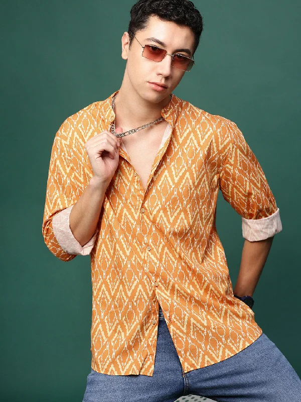 Men's Sustainable Recycled Material Casual Shirts for Eco - Conscious ConsumersMen Orange Geometric Slim Fit Shirt Men's Sustainable Recycled Material Casual Shirts for Eco - Conscious ConsumersMen Orange Geometric Slim Fit Shirt
