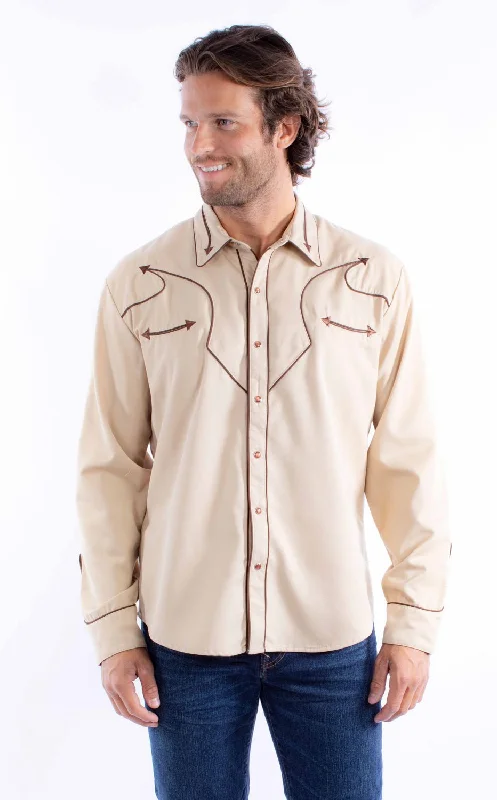 Men's Two - Tone Contrast Panel Casual Shirts in White and Navy for a Stylish and Eye - Catching DesignScully Mens Vintage Piping Tan Poly/Rayon L/S Shirt Men's Two - Tone Contrast Panel Casual Shirts in White and Navy for a Stylish and Eye - Catching DesignScully Mens Vintage Piping Tan Poly/Rayon L/S Shirt