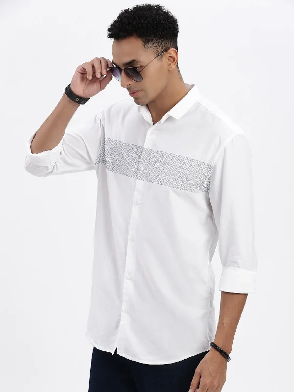 Men's Two - Tone Contrast Panel Casual Shirts in White and Navy for a Stylish and Eye - Catching DesignMen White Geometric Slim Fit Shirt Men's Two - Tone Contrast Panel Casual Shirts in White and Navy for a Stylish and Eye - Catching DesignMen White Geometric Slim Fit Shirt
