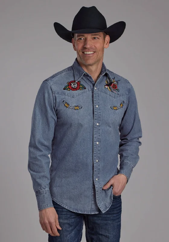 Men's Embroidered Detail Casual Shirts in Beige for a Touch of EleganceRoper Mens Tattoo Horseshoe Medium Wash Cotton Blend L/S Shirt Men's Embroidered Detail Casual Shirts in Beige for a Touch of EleganceRoper Mens Tattoo Horseshoe Medium Wash Cotton Blend L/S Shirt