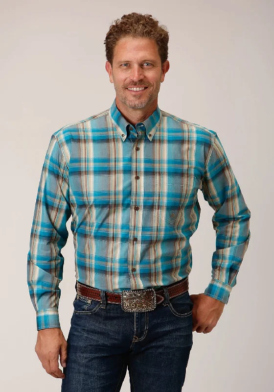 Men's Short - Sleeve Linen Casual Shirts in Light Khaki for a Breathable Summer OptionRoper Mens Sandy Plaid Turquoise 100% Cotton L/S Shirt Men's Short - Sleeve Linen Casual Shirts in Light Khaki for a Breathable Summer OptionRoper Mens Sandy Plaid Turquoise 100% Cotton L/S Shirt