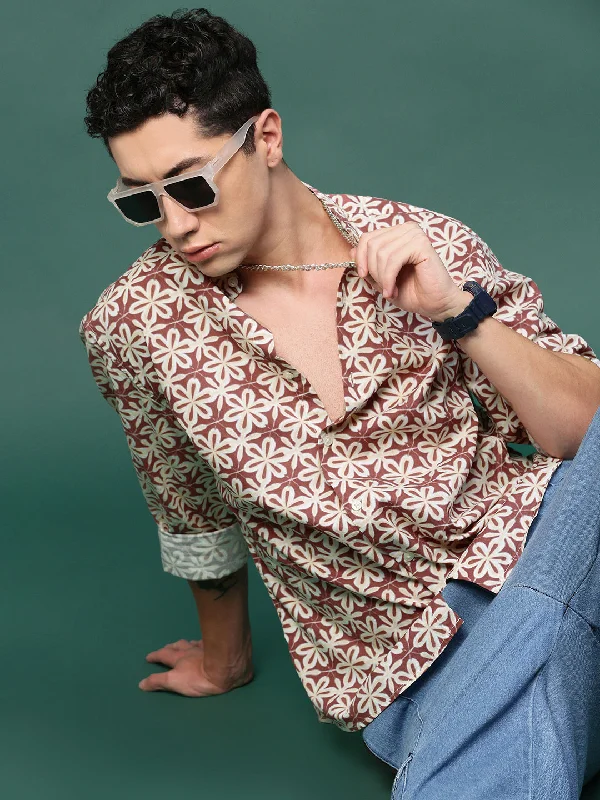Men's Two - Tone Contrast Panel Casual Shirts in White and Navy for a Stylish and Eye - Catching DesignMen Brown Floral Slim Fit Shirt Men's Two - Tone Contrast Panel Casual Shirts in White and Navy for a Stylish and Eye - Catching DesignMen Brown Floral Slim Fit Shirt