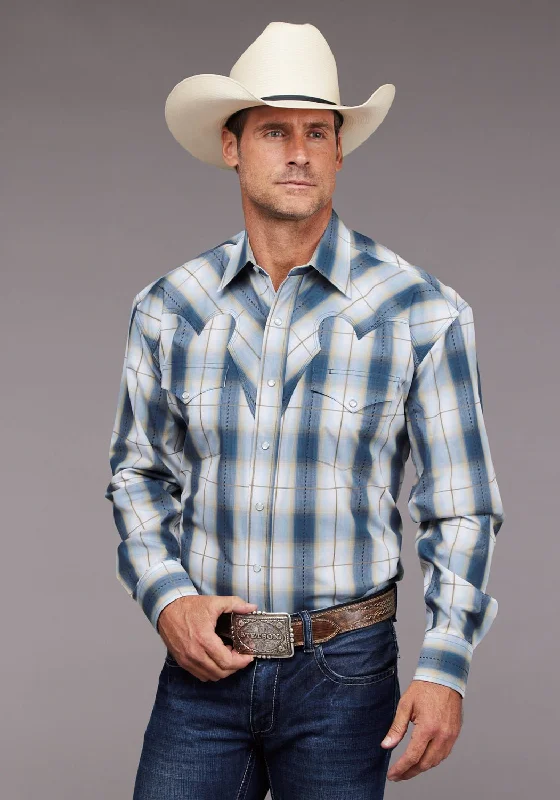Men's Stretch - Fabric Casual Shirts in Navy Blue for a Comfortable and Flexible FitStetson Mens Denim Dobby Plaid Blue 100% Cotton L/S Shirt