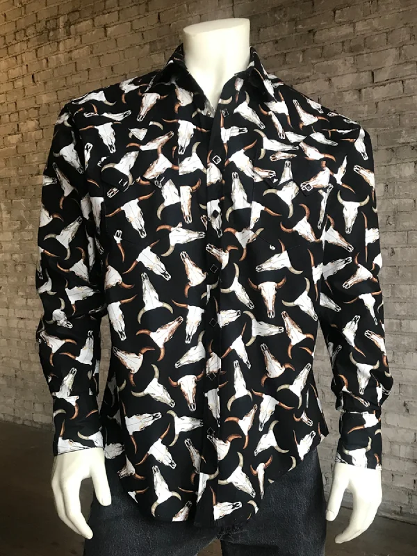 Men's Distressed Denim Casual Shirts with Frayed Edges for a Trendy and Rugged LookRockmount Mens Black 100% Cotton Bison Skull Print Western L/S Shirt Men's Distressed Denim Casual Shirts with Frayed Edges for a Trendy and Rugged LookRockmount Mens Black 100% Cotton Bison Skull Print Western L/S Shirt