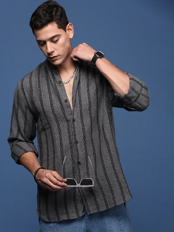 Men's Wrinkle - Resistant Polyester Blend Casual Shirts for Easy Travel and MaintenanceMen Mandarin Collar Striped Charcoal Slim Fit Shirt Men's Wrinkle - Resistant Polyester Blend Casual Shirts for Easy Travel and MaintenanceMen Mandarin Collar Striped Charcoal Slim Fit Shirt