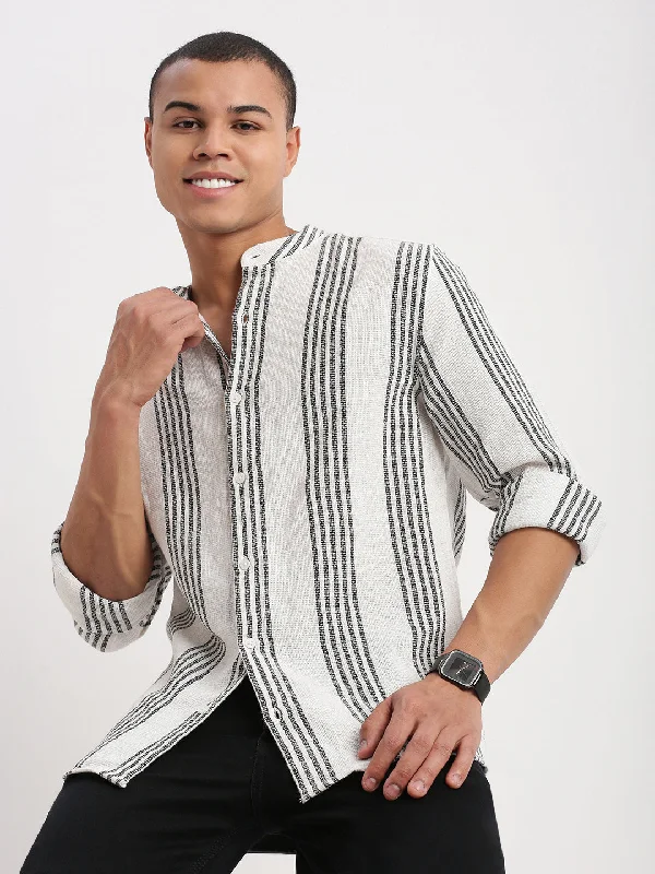 Men's Moisture - Wicking Performance Fabric Casual Shirts for Outdoor ActivitiesMen Mandarin Collar Striped White Shirt Men's Moisture - Wicking Performance Fabric Casual Shirts for Outdoor ActivitiesMen Mandarin Collar Striped White Shirt