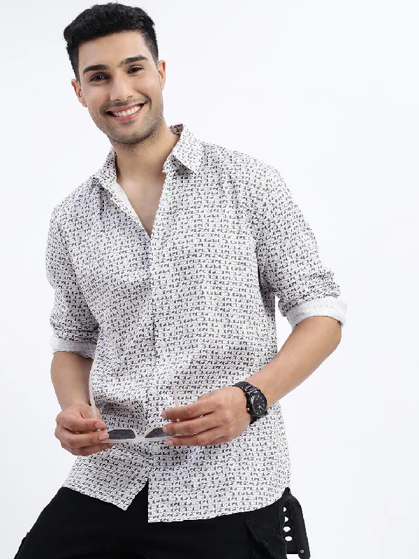 Men's Linen Blend Casual Shirts with Roll - Up Sleeves for a Summer Beach LookMen White Geometric Slim Fit Shirt Men's Linen Blend Casual Shirts with Roll - Up Sleeves for a Summer Beach LookMen White Geometric Slim Fit Shirt