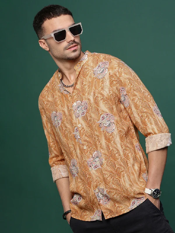 Men's Linen Blend Casual Shirts with Roll - Up Sleeves for a Summer Beach LookMen Mustard Graphic Slim Fit Shirt Men's Linen Blend Casual Shirts with Roll - Up Sleeves for a Summer Beach LookMen Mustard Graphic Slim Fit Shirt