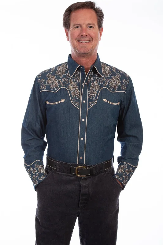 Men's Sustainable Recycled Material Casual Shirts for Eco - Conscious ConsumersScully Mens Denim 100% Cotton Leafy Scroll L/S Shirt Men's Sustainable Recycled Material Casual Shirts for Eco - Conscious ConsumersScully Mens Denim 100% Cotton Leafy Scroll L/S Shirt