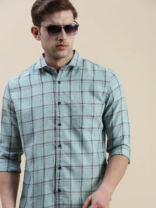 Men's Distressed Denim Casual Shirts with Frayed Edges for a Trendy and Rugged LookMen Spread Collar Checked Sea Green Shirt Men's Distressed Denim Casual Shirts with Frayed Edges for a Trendy and Rugged LookMen Spread Collar Checked Sea Green Shirt