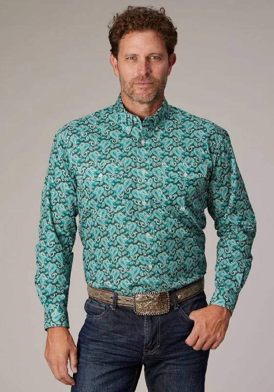 Plus Size Men's Striped Chambray Casual Shirts with a Spread Collar for a Preppy AppearanceRoper Mens 2018 Jade Paisley Green 100% Cotton Btn L/S Shirt Plus Size Men's Striped Chambray Casual Shirts with a Spread Collar for a Preppy AppearanceRoper Mens 2018 Jade Paisley Green 100% Cotton Btn L/S Shirt