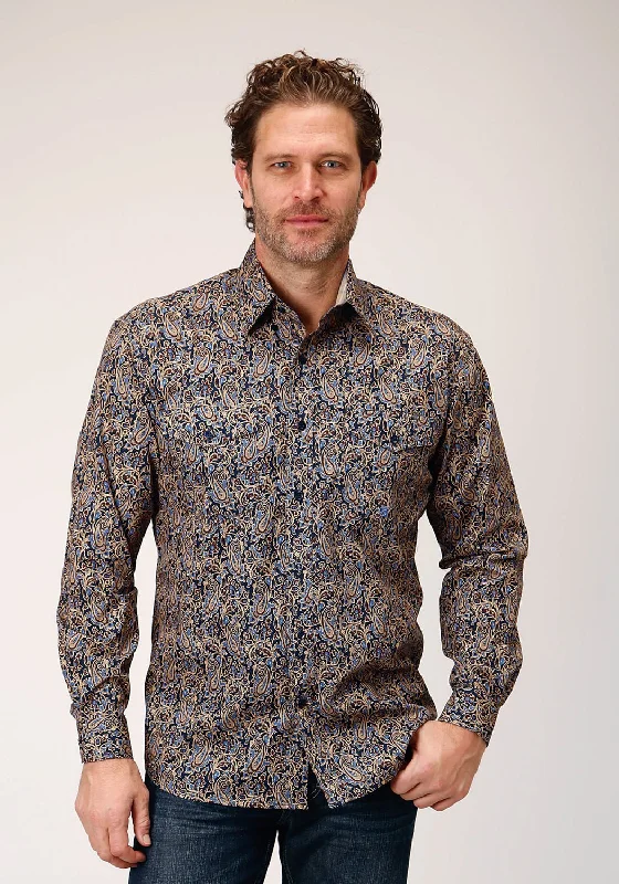 Plus Size Men's Plaid Flannel Casual Shirts in Earth Tones for a Cozy Fall OutfitRoper Mens Vintage Paisley Blue 100% Cotton L/S Shirt