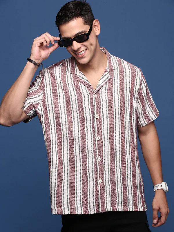 Men's Sustainable Recycled Material Casual Shirts for Eco - Conscious ConsumersMen Cuban Collar Striped Purple Relaxed Fit Shirt Men's Sustainable Recycled Material Casual Shirts for Eco - Conscious ConsumersMen Cuban Collar Striped Purple Relaxed Fit Shirt