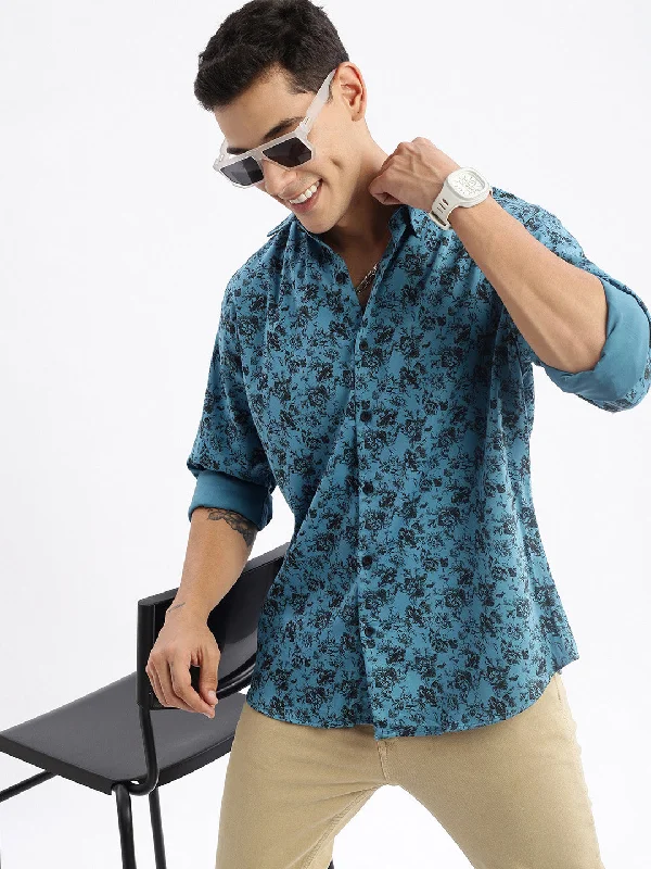 Men's Linen Blend Casual Shirts with Roll - Up Sleeves for a Summer Beach LookMen Spread Collar Floral Slim Fit Teal Shirt Men's Linen Blend Casual Shirts with Roll - Up Sleeves for a Summer Beach LookMen Spread Collar Floral Slim Fit Teal Shirt