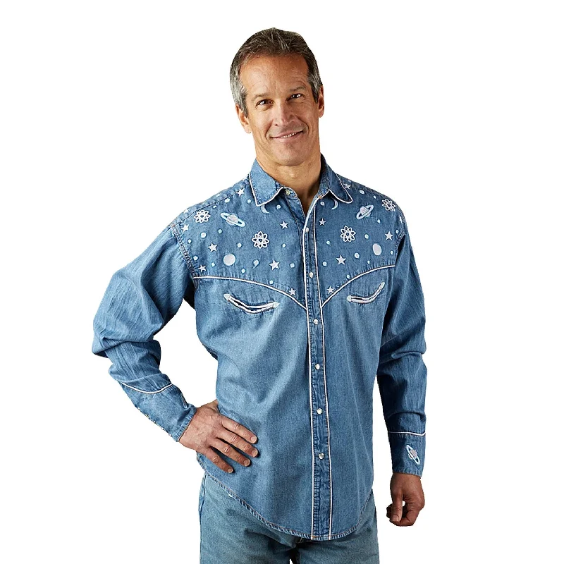 Plus Size Men's Striped Chambray Casual Shirts with a Spread Collar for a Preppy AppearanceRockmount Mens Out Of This World Denim 100% Cotton L/S Shirt Plus Size Men's Striped Chambray Casual Shirts with a Spread Collar for a Preppy AppearanceRockmount Mens Out Of This World Denim 100% Cotton L/S Shirt