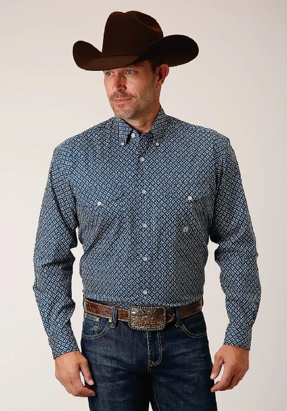 Men's Organic Cotton Casual Shirts with a Soft Handfeel for Everyday ComfortRoper Mens Navy Diamond Print Blue Cotton Blend L/S Shirt Men's Organic Cotton Casual Shirts with a Soft Handfeel for Everyday ComfortRoper Mens Navy Diamond Print Blue Cotton Blend L/S Shirt