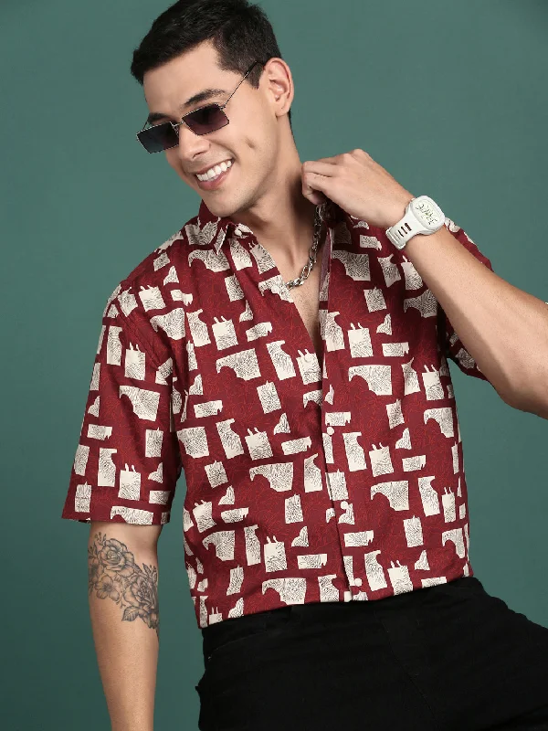 Plus Size Men's Striped Chambray Casual Shirts with a Spread Collar for a Preppy AppearanceMen Floral Maroon Slim Fit Shirt Plus Size Men's Striped Chambray Casual Shirts with a Spread Collar for a Preppy AppearanceMen Floral Maroon Slim Fit Shirt