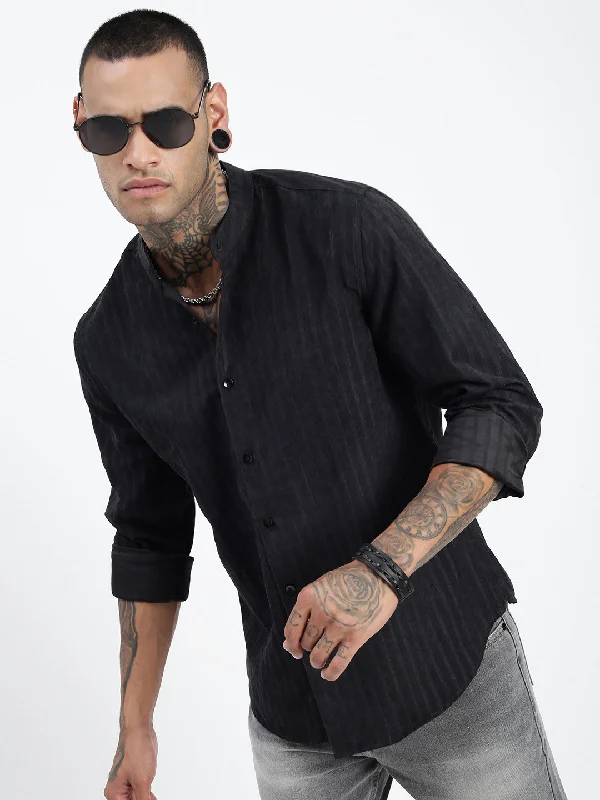 Men's Wrinkle - Resistant Polyester Blend Casual Shirts for Easy Travel and MaintenanceMen Striped Black Slim Fit Shirt Men's Wrinkle - Resistant Polyester Blend Casual Shirts for Easy Travel and MaintenanceMen Striped Black Slim Fit Shirt