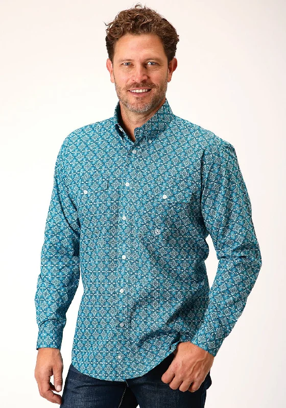 Plus Size Men's Striped Chambray Casual Shirts with a Spread Collar for a Preppy AppearanceRoper Mens Turquoise 100% Cotton Victorian Foulard BD L/S Btn Shirt Plus Size Men's Striped Chambray Casual Shirts with a Spread Collar for a Preppy AppearanceRoper Mens Turquoise 100% Cotton Victorian Foulard BD L/S Btn Shirt