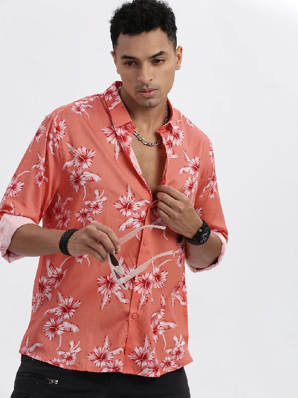Men's Two - Tone Contrast Panel Casual Shirts in White and Navy for a Stylish and Eye - Catching DesignMen Peach Floral Slim Fit Shirt Men's Two - Tone Contrast Panel Casual Shirts in White and Navy for a Stylish and Eye - Catching DesignMen Peach Floral Slim Fit Shirt