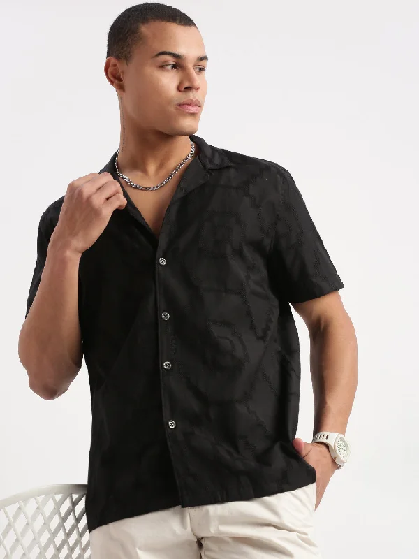 Plus Size Men's Striped Chambray Casual Shirts with a Spread Collar for a Preppy AppearanceMen Cuban Collar Solid Black Shirt Plus Size Men's Striped Chambray Casual Shirts with a Spread Collar for a Preppy AppearanceMen Cuban Collar Solid Black Shirt
