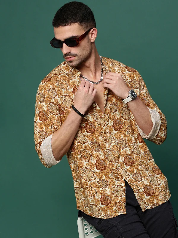Men's Thermal - Lined Casual Shirts in Black for Added Warmth in Cold WeatherMen Mustard Graphic Slim Fit Shirt Men's Thermal - Lined Casual Shirts in Black for Added Warmth in Cold WeatherMen Mustard Graphic Slim Fit Shirt