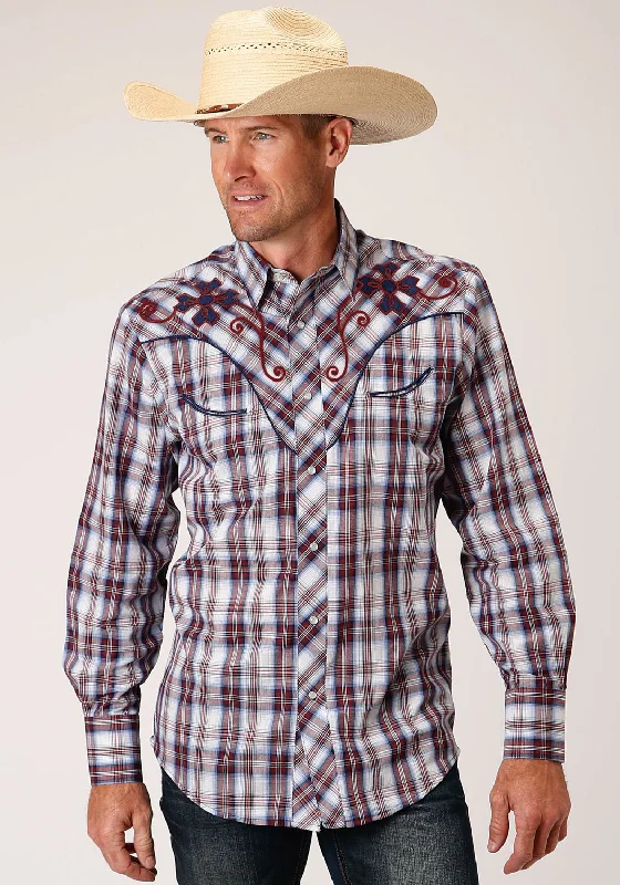 Men's Embroidered Detail Casual Shirts in Beige for a Touch of EleganceRoper Mens Fancy Applique Wine/White Cotton Blend L/S Shirt Men's Embroidered Detail Casual Shirts in Beige for a Touch of EleganceRoper Mens Fancy Applique Wine/White Cotton Blend L/S Shirt