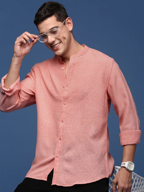 Men's Stretch - Fabric Casual Shirts in Navy Blue for a Comfortable and Flexible FitMen Mandarin Collar Solid Peach Slim Fit Shirt Men's Stretch - Fabric Casual Shirts in Navy Blue for a Comfortable and Flexible FitMen Mandarin Collar Solid Peach Slim Fit Shirt