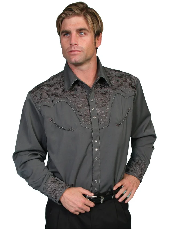 Plus Size Men's Striped Chambray Casual Shirts with a Spread Collar for a Preppy AppearanceScully Mens Charcoal Poly/Rayon Tooled Floral L/S Shirt Plus Size Men's Striped Chambray Casual Shirts with a Spread Collar for a Preppy AppearanceScully Mens Charcoal Poly/Rayon Tooled Floral L/S Shirt