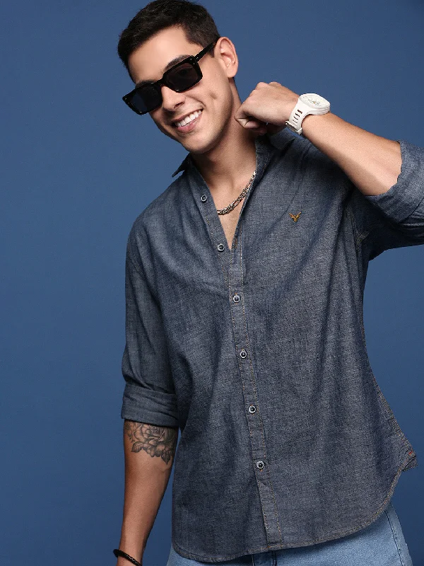 Men's Graphic - Printed Casual Shirts with Pop - Culture References for a Fun and Stylish LookMen Solid Navy Blue Slim Fit Shirt Men's Graphic - Printed Casual Shirts with Pop - Culture References for a Fun and Stylish LookMen Solid Navy Blue Slim Fit Shirt