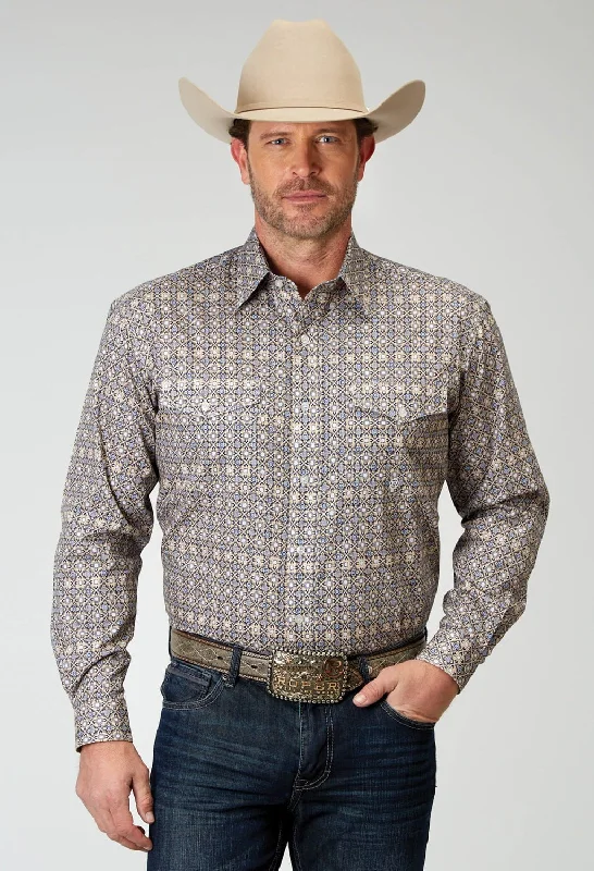 Men's Two - Tone Contrast Panel Casual Shirts in White and Navy for a Stylish and Eye - Catching DesignRoper Mens 1931 Western Foulard Khaki 100% Cotton Btn L/S Shirt Men's Two - Tone Contrast Panel Casual Shirts in White and Navy for a Stylish and Eye - Catching DesignRoper Mens 1931 Western Foulard Khaki 100% Cotton Btn L/S Shirt