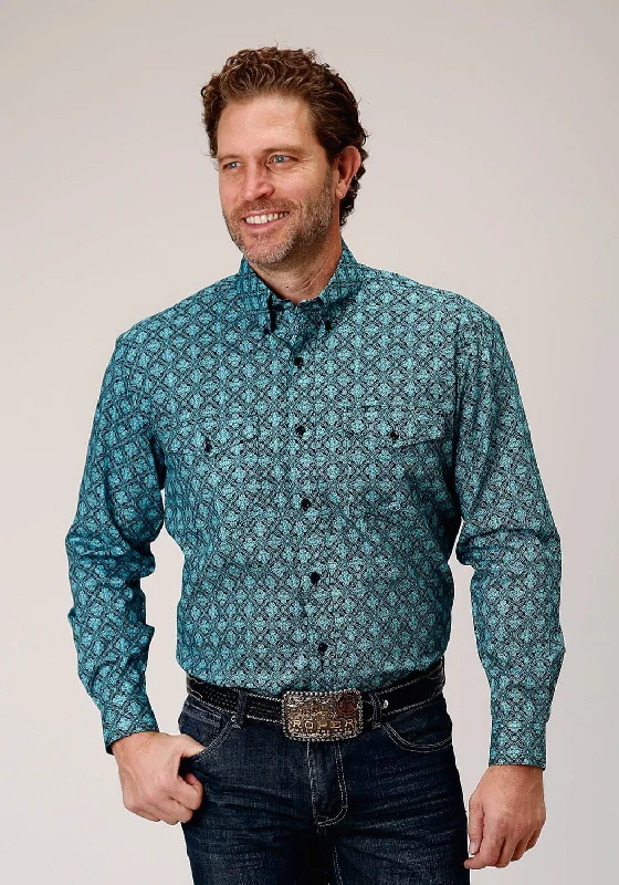 Men's Wrinkle - Resistant Polyester Blend Casual Shirts for Easy Travel and MaintenanceRoper Mens Lattice Medallion Blue 100% Cotton L/S Shirt Men's Wrinkle - Resistant Polyester Blend Casual Shirts for Easy Travel and MaintenanceRoper Mens Lattice Medallion Blue 100% Cotton L/S Shirt