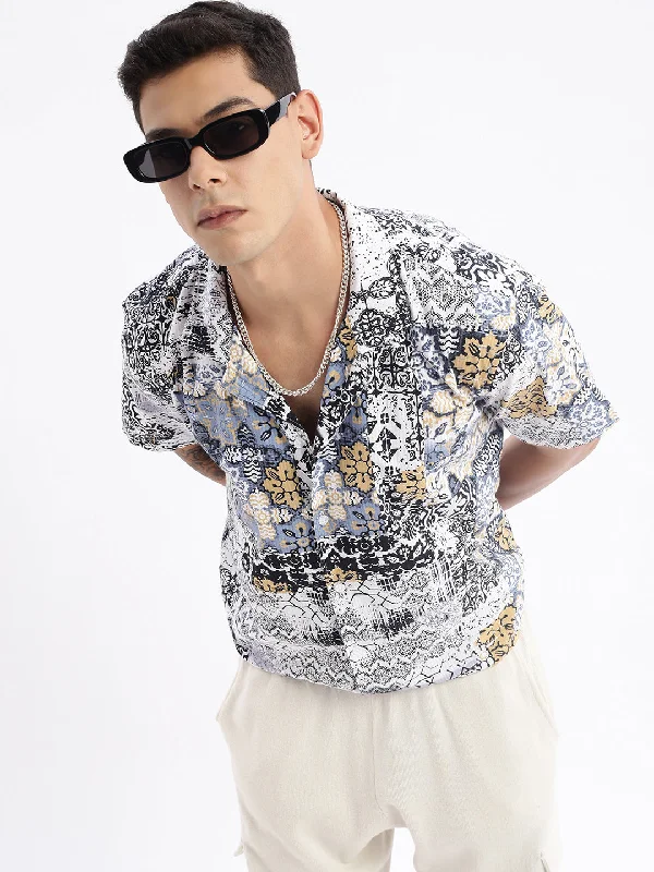 Men's Stretch - Fabric Casual Shirts in Navy Blue for a Comfortable and Flexible FitMen Cuban Collar Abstract Relaxed Fit Multi Shirt Men's Stretch - Fabric Casual Shirts in Navy Blue for a Comfortable and Flexible FitMen Cuban Collar Abstract Relaxed Fit Multi Shirt