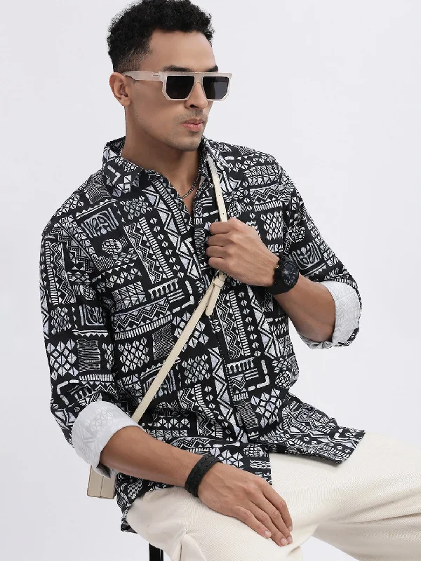 Men's Slim - Fit Printed Floral Casual Shirts in Pastel Colors for a Spring - Inspired VibeMen Black Geometric Slim Fit Shirt Men's Slim - Fit Printed Floral Casual Shirts in Pastel Colors for a Spring - Inspired VibeMen Black Geometric Slim Fit Shirt
