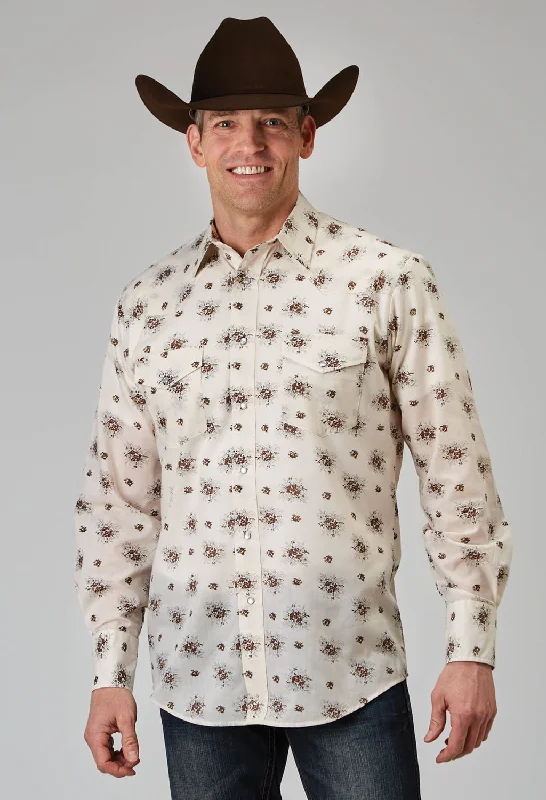Men's Two - Tone Contrast Panel Casual Shirts in White and Navy for a Stylish and Eye - Catching DesignRoper Mens 1964 Vintage Floral White Cotton Blend L/S Shirt