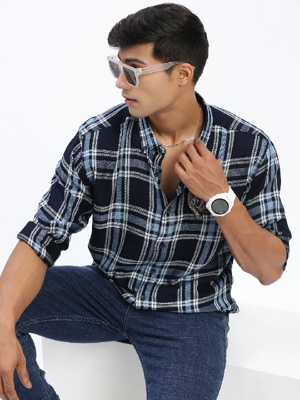 Men's Moisture - Wicking Performance Fabric Casual Shirts for Outdoor ActivitiesMen Checked Navy Blue Slim Fit Shirt Men's Moisture - Wicking Performance Fabric Casual Shirts for Outdoor ActivitiesMen Checked Navy Blue Slim Fit Shirt