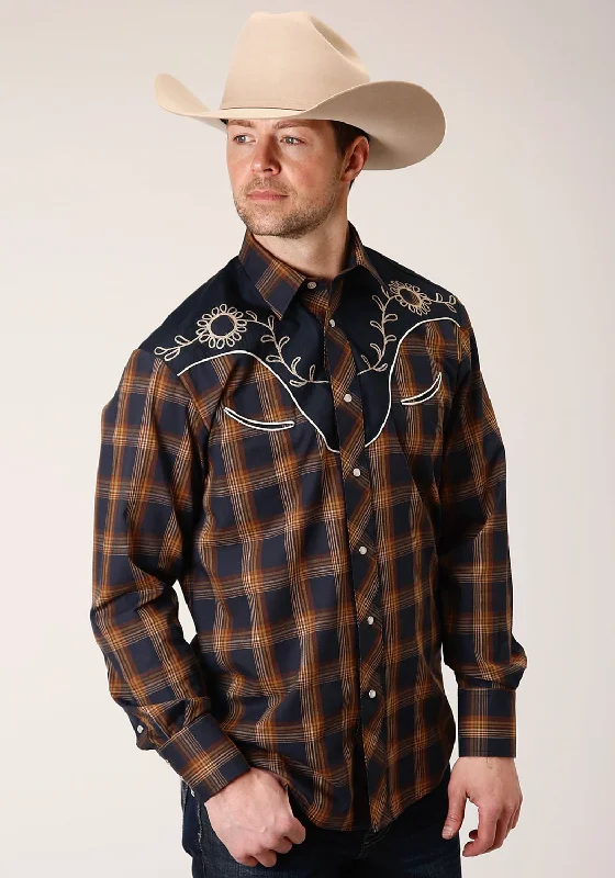 Men's Shearling - Lined Collar Casual Shirts in Brown for a Rustic and Warm AppealRoper Mens Floral Fancy Applique Navy/Brown Cotton Blend L/S Shirt Men's Shearling - Lined Collar Casual Shirts in Brown for a Rustic and Warm AppealRoper Mens Floral Fancy Applique Navy/Brown Cotton Blend L/S Shirt