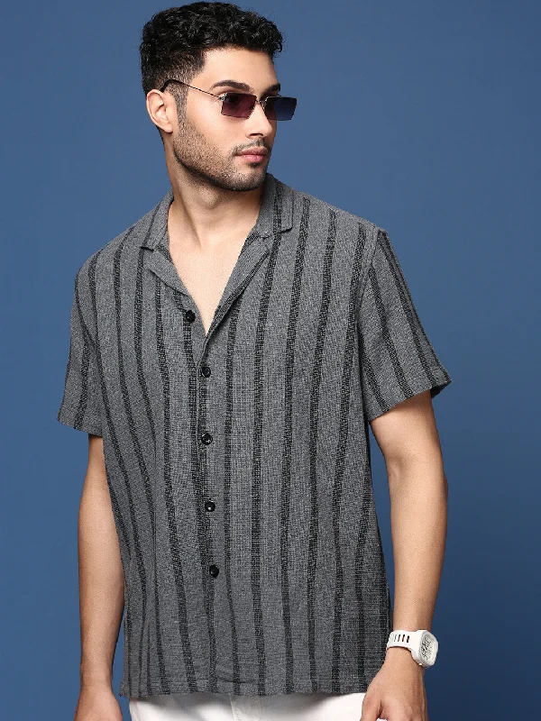 Men's Organic Cotton Casual Shirts with a Soft Handfeel for Everyday ComfortMen Cuban Collar Striped Charcoal Relaxed Fit Shirt Men's Organic Cotton Casual Shirts with a Soft Handfeel for Everyday ComfortMen Cuban Collar Striped Charcoal Relaxed Fit Shirt