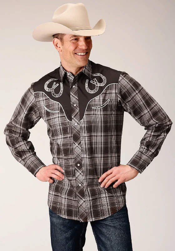 Men's Distressed Denim Casual Shirts with Frayed Edges for a Trendy and Rugged LookRoper Mens Fancy Applique Chocolate/Cream Cotton Blend L/S Shirt Men's Distressed Denim Casual Shirts with Frayed Edges for a Trendy and Rugged LookRoper Mens Fancy Applique Chocolate/Cream Cotton Blend L/S Shirt