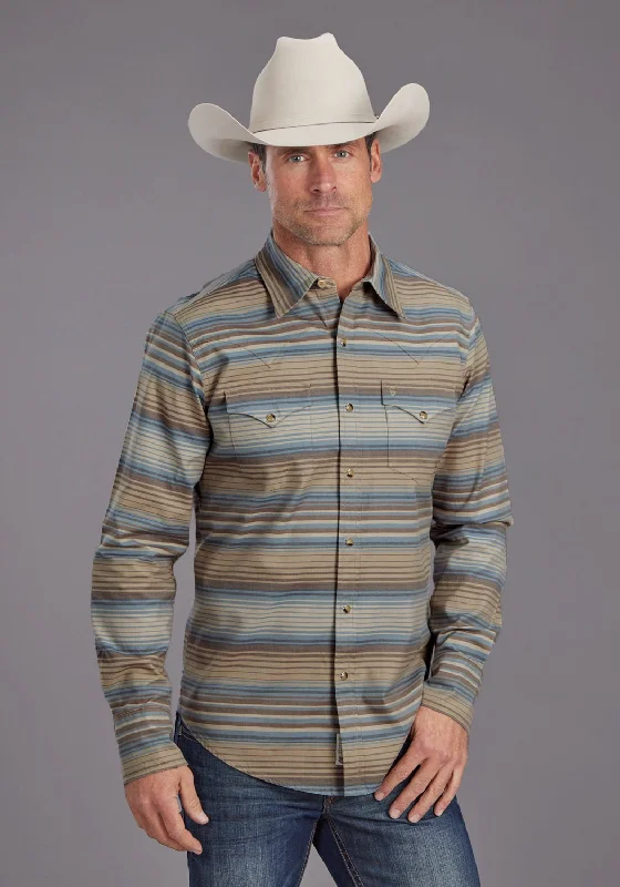 Men's Button - Down Oxford Casual Shirts in Crisp White for a Classic and Versatile StyleStetson Mens Serape Stripe Sand/Indigo 100% Cotton L/S Shirt Men's Button - Down Oxford Casual Shirts in Crisp White for a Classic and Versatile StyleStetson Mens Serape Stripe Sand/Indigo 100% Cotton L/S Shirt