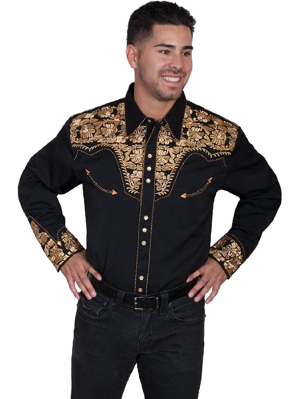 Plus Size Men's Plaid Flannel Casual Shirts in Earth Tones for a Cozy Fall OutfitScully Mens Gold Poly/Rayon Tooled Floral L/S Shirt Plus Size Men's Plaid Flannel Casual Shirts in Earth Tones for a Cozy Fall OutfitScully Mens Gold Poly/Rayon Tooled Floral L/S Shirt