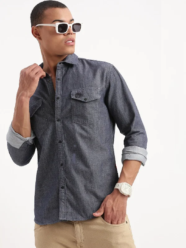 Men's Embroidered Detail Casual Shirts in Beige for a Touch of EleganceMen Solid Navy Blue Shirt Men's Embroidered Detail Casual Shirts in Beige for a Touch of EleganceMen Solid Navy Blue Shirt