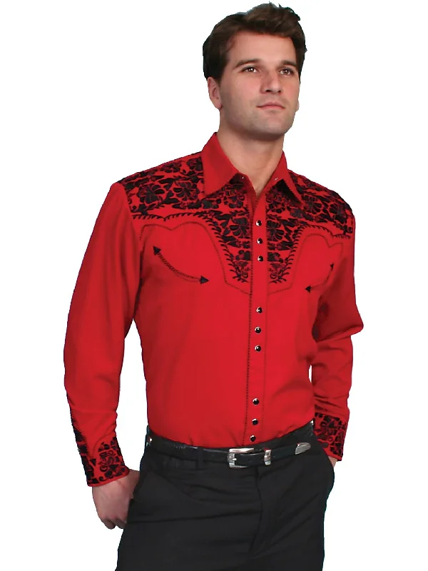 Men's Sustainable Recycled Material Casual Shirts for Eco - Conscious ConsumersScully Mens Floral Tooled Embroidery Red Poly/Rayon L/S Shirt Men's Sustainable Recycled Material Casual Shirts for Eco - Conscious ConsumersScully Mens Floral Tooled Embroidery Red Poly/Rayon L/S Shirt