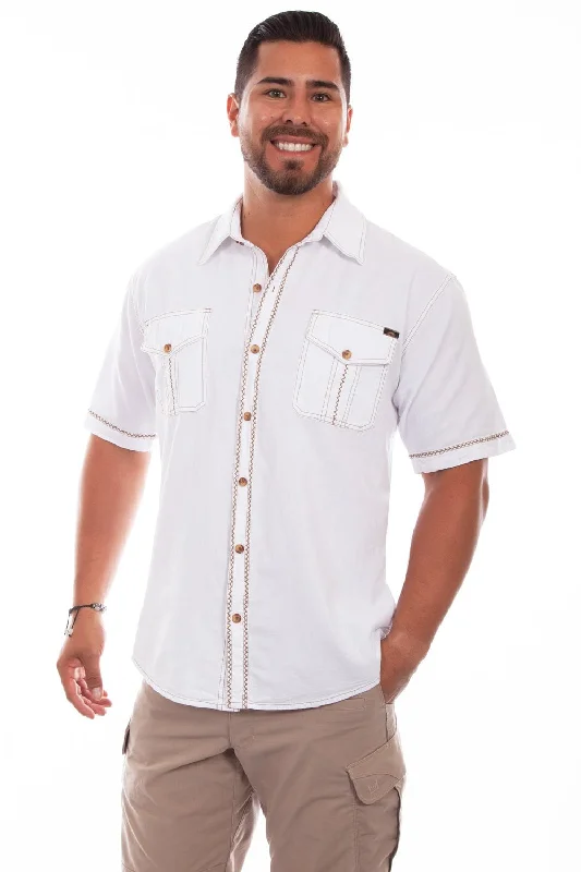Men's Two - Tone Contrast Panel Casual Shirts in White and Navy for a Stylish and Eye - Catching DesignScully Mens White 100% Cotton Voyager S/S Shirt Men's Two - Tone Contrast Panel Casual Shirts in White and Navy for a Stylish and Eye - Catching DesignScully Mens White 100% Cotton Voyager S/S Shirt