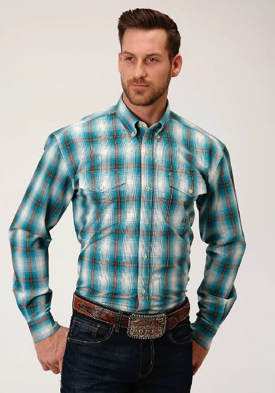 Men's Short - Sleeve Linen Casual Shirts in Light Khaki for a Breathable Summer OptionRoper Mens Teal 100% Cotton Ombre BD L/S Button Shirt