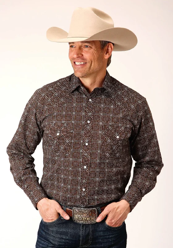 Men's Stretch - Fabric Casual Shirts in Navy Blue for a Comfortable and Flexible FitRoper Mens Retro Print Brown Cotton Blend L/S Shirt Men's Stretch - Fabric Casual Shirts in Navy Blue for a Comfortable and Flexible FitRoper Mens Retro Print Brown Cotton Blend L/S Shirt
