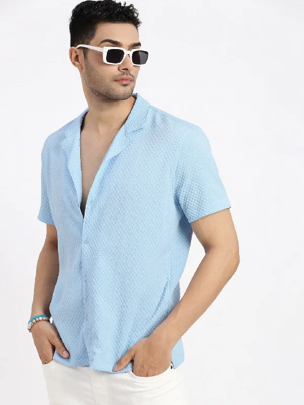 Men's Wrinkle - Resistant Polyester Blend Casual Shirts for Easy Travel and MaintenanceMen Blue Cuban Collar Solid Shirt Men's Wrinkle - Resistant Polyester Blend Casual Shirts for Easy Travel and MaintenanceMen Blue Cuban Collar Solid Shirt