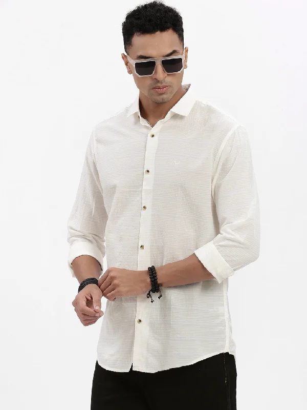 Men's Wrinkle - Resistant Polyester Blend Casual Shirts for Easy Travel and MaintenanceMen Cream Striped Slim Fit Shirt Men's Wrinkle - Resistant Polyester Blend Casual Shirts for Easy Travel and MaintenanceMen Cream Striped Slim Fit Shirt