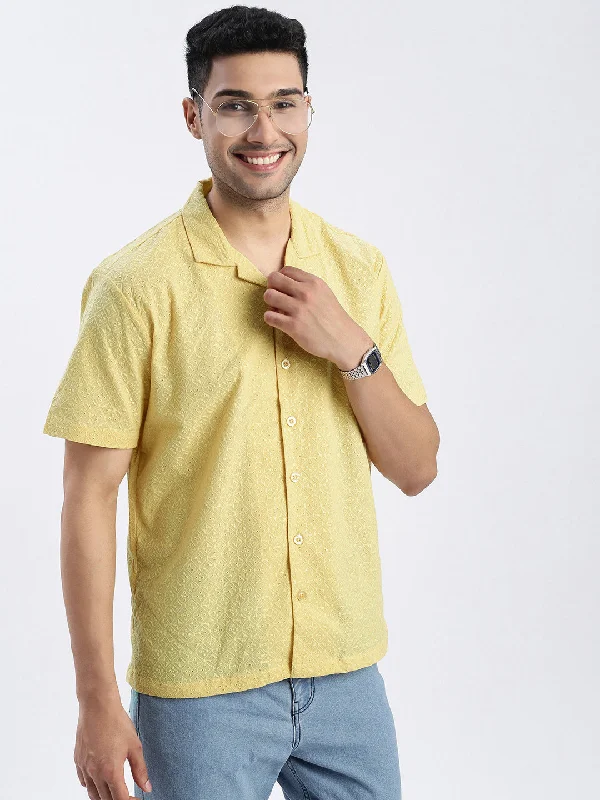 Plus Size Men's Striped Chambray Casual Shirts with a Spread Collar for a Preppy AppearanceMen Yellow Cuban Collar Solid Shirt Plus Size Men's Striped Chambray Casual Shirts with a Spread Collar for a Preppy AppearanceMen Yellow Cuban Collar Solid Shirt